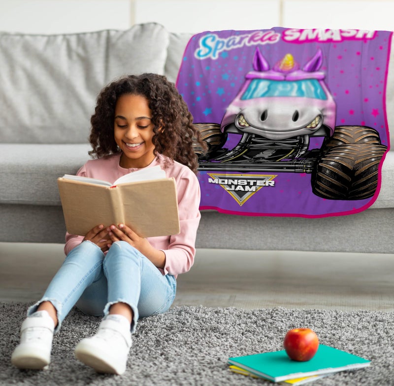 Jay Franco Kids Plush Throw Blanket - Soft & Comfy Throw for Couch or Bed - Cozy Home D?cor for Living Room & Bedroom  Purple - Monster Jam  46x60 - Throw Blanket - Image 2