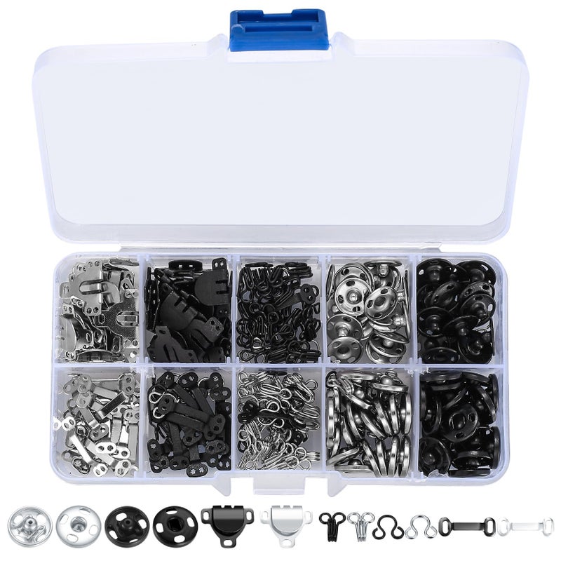 HexinYigjly 100 Pcs Sewing Hooks and Eyes Closure Set, 3 Styles Skirt Hook and Eye Closures Sewing Snaps Kit, Metal Snaps Buttons Fasteners Press Studs Set for Skirt, Bra, Trousers, Dress, Sewing, DIY Crafting - Image 1