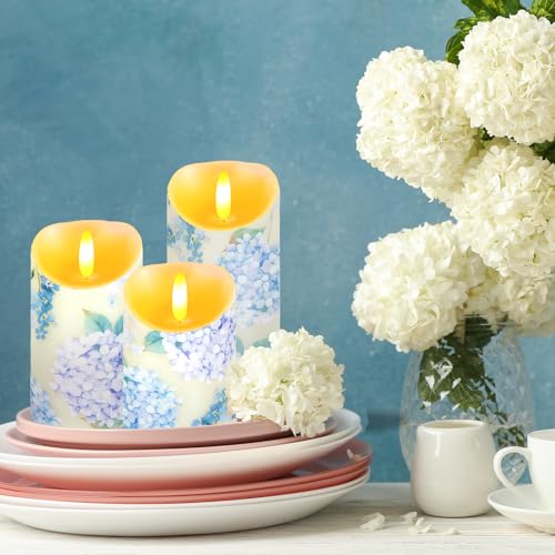 Ouvibor 3 Pcs Hydrangea Flameless Candles Wedding Table Centerpiece Chinoiserie Candles Hydrangea Floral Printed Faux Candles with Remote Timer for Wedding Easter Home Holiday Table Decor - Image 4