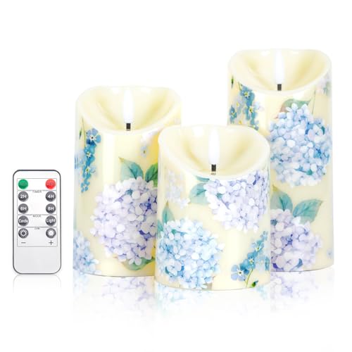 Ouvibor 3 Pcs Hydrangea Flameless Candles Wedding Table Centerpiece Chinoiserie Candles Hydrangea Floral Printed Faux Candles with Remote Timer for Wedding Easter Home Holiday Table Decor - Image 1