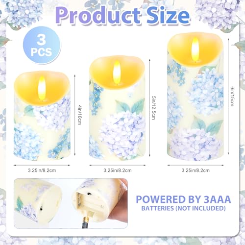 Ouvibor 3 Pcs Hydrangea Flameless Candles Wedding Table Centerpiece Chinoiserie Candles Hydrangea Floral Printed Faux Candles with Remote Timer for Wedding Easter Home Holiday Table Decor - Image 2