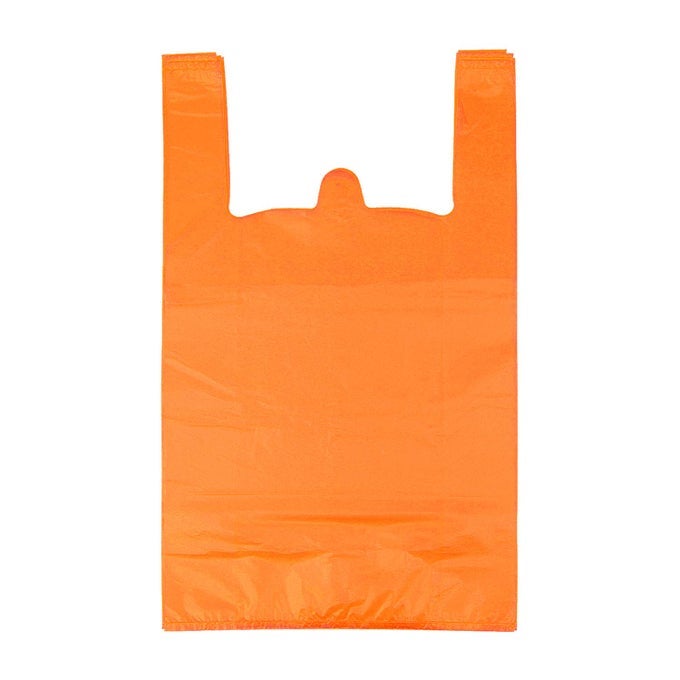 T SHIRT BAGS PLASTIC GROCERY BAGS WITH HANDLES IN BULK FOR SHOPPING AND RESTAURANT 12 X 20 INCH ORANGE 100 PCS