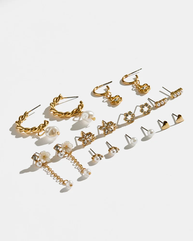 Redtag Women Gold Embellished Earring Set (9 Pairs)
