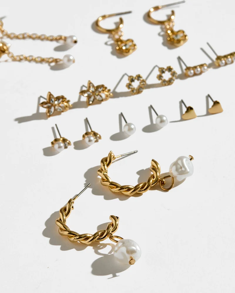 Redtag Women Gold Embellished Earring Set (9 Pairs)