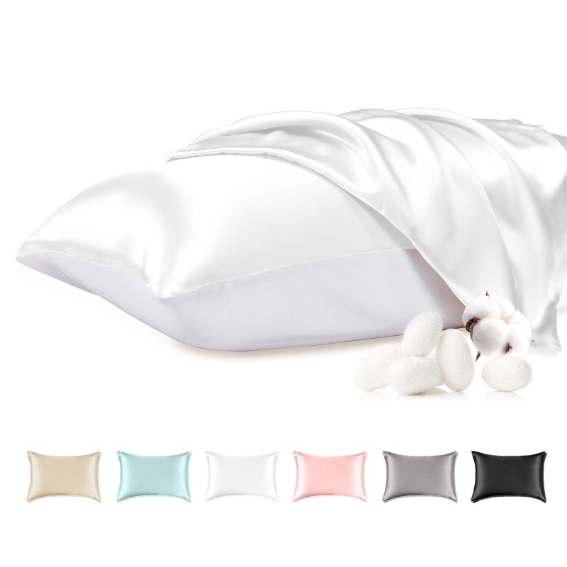 THXSILK 100% Mulberry Silk Pillowcase with Cotton Underside, Silk Pillowcase for Hair and Skin, Standard Size Grade 6A+ Mulberry Silk, Soft Breathable Pillow Cover with Zipper, 1 Pack (White,Standard) - Image 1