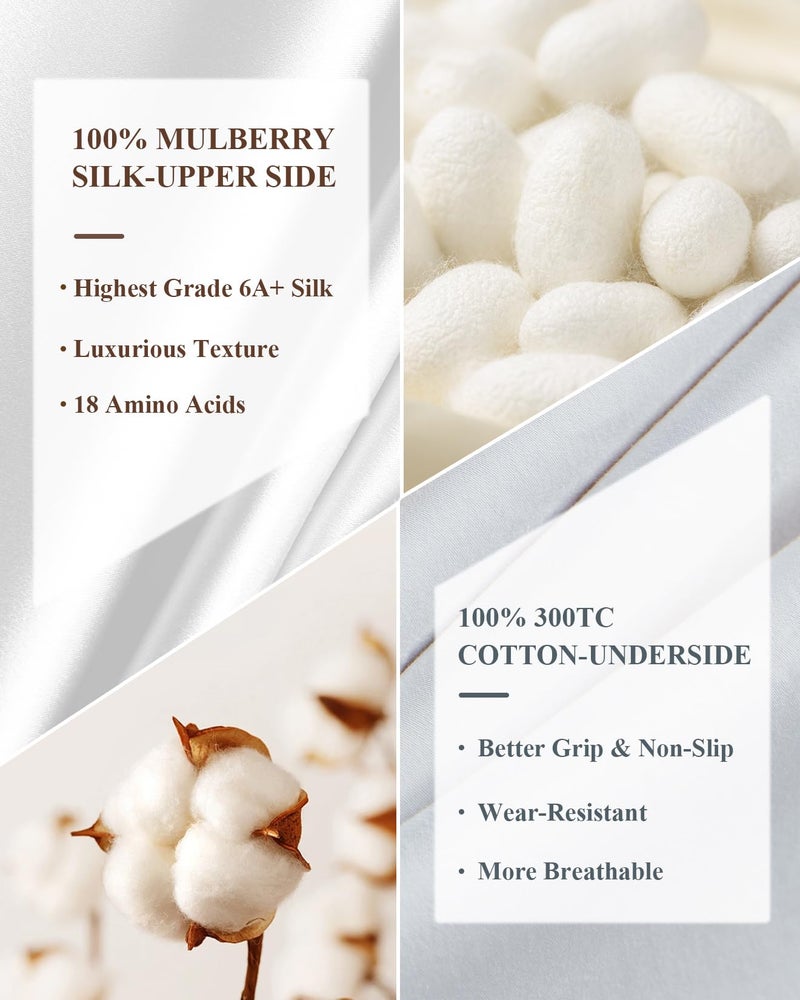 THXSILK 100% Mulberry Silk Pillowcase with Cotton Underside, Silk Pillowcase for Hair and Skin, Standard Size Grade 6A+ Mulberry Silk, Soft Breathable Pillow Cover with Zipper, 1 Pack (White,Standard) - Image 2