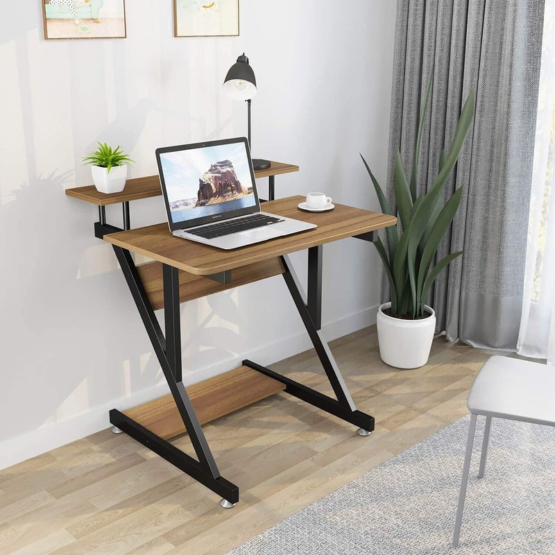Dripex Computer Desk for Small Spaces, Z Shaped Small Computer Desk, 27.5 inch Compact Desk with Monitor Shelf and Bottom Storage Shelves, Space Saving Desk, Walnut - Image 2