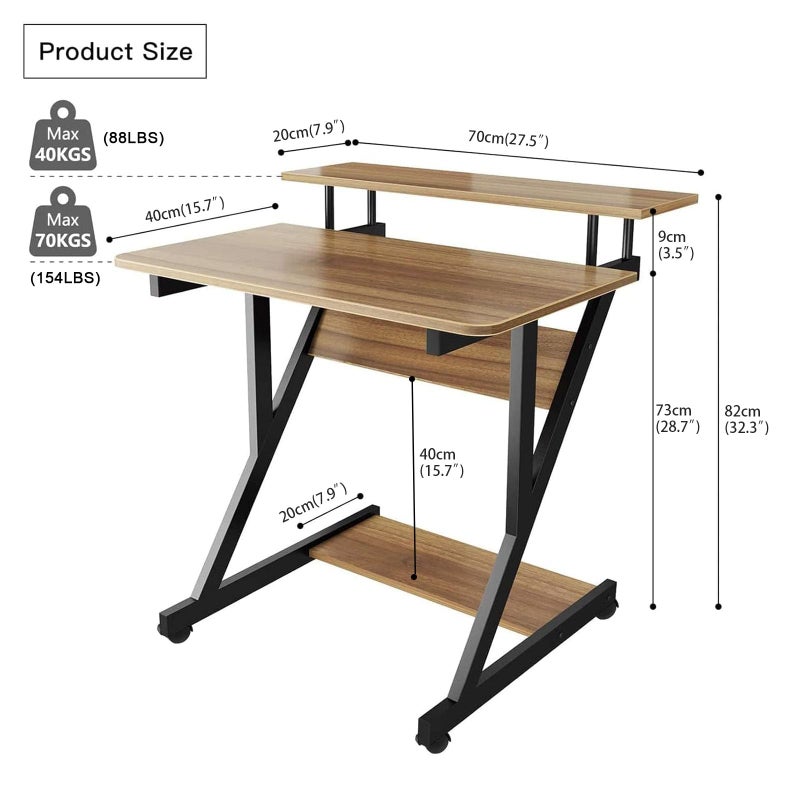 Dripex Computer Desk for Small Spaces, Z Shaped Small Computer Desk, 27.5 inch Compact Desk with Monitor Shelf and Bottom Storage Shelves, Space Saving Desk, Walnut - Image 3