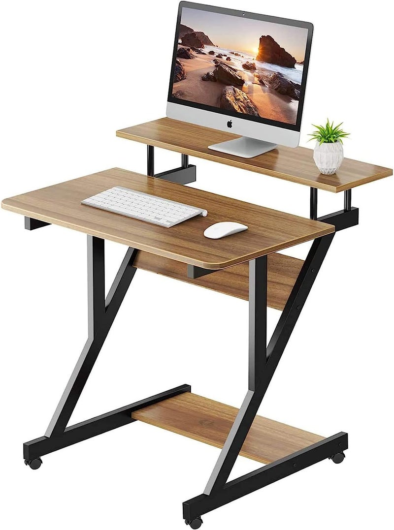 Dripex Computer Desk for Small Spaces, Z Shaped Small Computer Desk, 27.5 inch Compact Desk with Monitor Shelf and Bottom Storage Shelves, Space Saving Desk, Walnut - Image 1