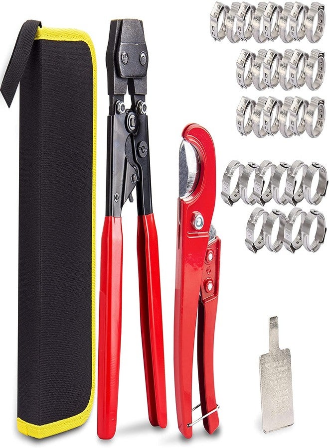 Fstop Labs KOTTO Ratchet PEX Crimping Clamp Cinch Tool & Pipe Hose Cutter Meets ASTM 2098 & Stainless Steel Pipe Clamps, Pipe Fitting Tool Kit Sizes 3/8" to 1" - 20 pcs 1/2", 10 pcs 3/4" Clamps With Storage Bag - Image 1