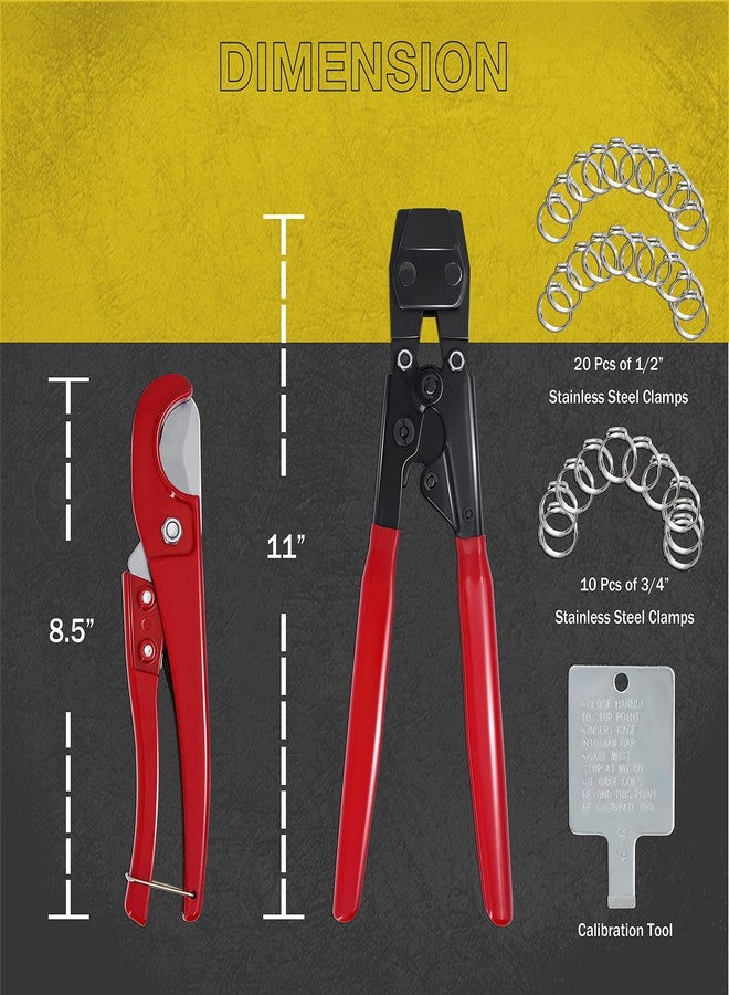 Fstop Labs KOTTO Ratchet PEX Crimping Clamp Cinch Tool & Pipe Hose Cutter Meets ASTM 2098 & Stainless Steel Pipe Clamps, Pipe Fitting Tool Kit Sizes 3/8" to 1" - 20 pcs 1/2", 10 pcs 3/4" Clamps With Storage Bag - Image 4
