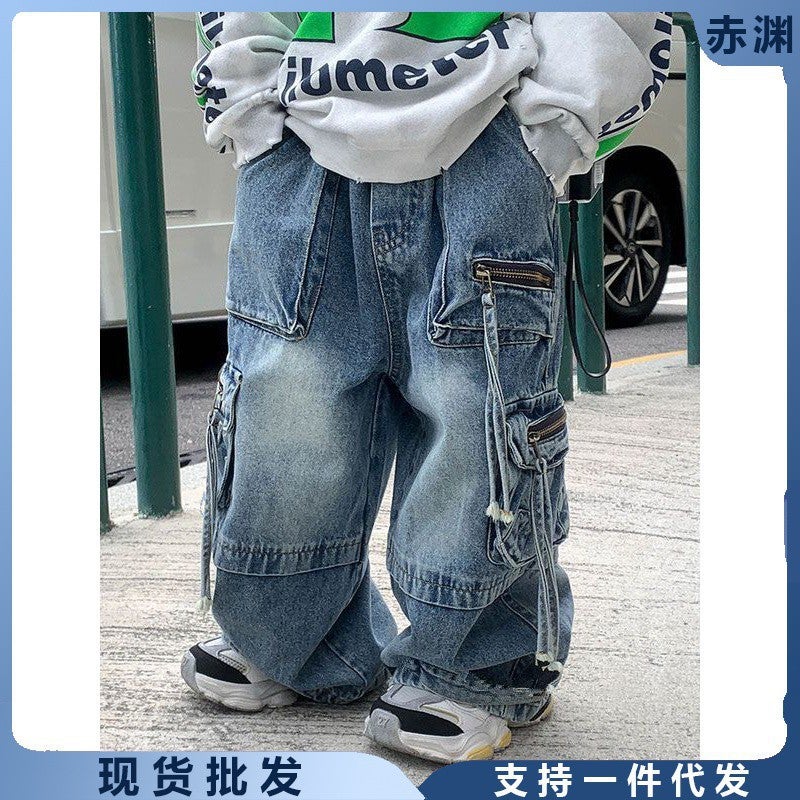 Autum Kidsren'S Jeans Niche Trendy Multi-Flap Pocket Pants Zipper Denim Pants For Boys And Girls - Image 3
