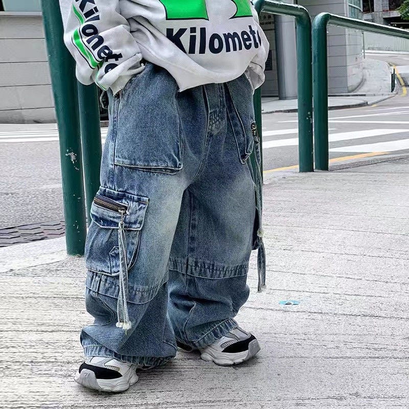 Autum Kidsren'S Jeans Niche Trendy Multi-Flap Pocket Pants Zipper Denim Pants For Boys And Girls - Image 1