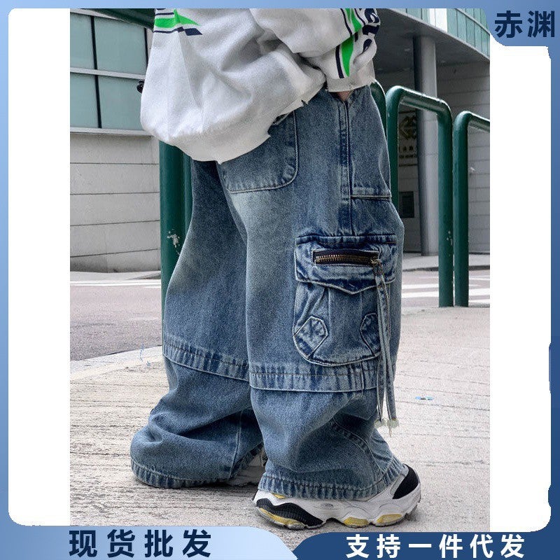 Autum Kidsren'S Jeans Niche Trendy Multi-Flap Pocket Pants Zipper Denim Pants For Boys And Girls - Image 4