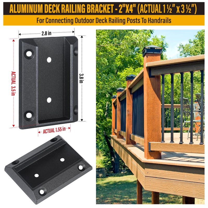 موصلات دعامات درابزين سطح السفينة المصنوعة من سبائك الألومنيوم Wowace ADC-12، لتوصيل أعمدة درابزين سطح السفينة الخشبية بدعامات درابزين سطح السفينة بأبعاد 2 بوصة × 4 (المقاس الفعلي: 1.5 بوصة × 3.5 بوصة) (4 قطع، أسود) - Image 2