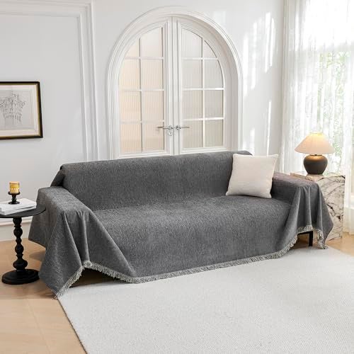 MYSKY HOME Couch Cover for Dogs, Washable Couch Covers, Non Slip Sofa Cover, Couch Cover 2 Cushion Sofa Dogs Furniture Protector with Tassels, Chenille Sofa Slipcover for Pets, 71"x118", Dark Grey - Image 1