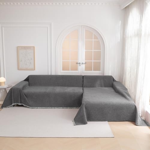 MYSKY HOME Couch Cover for Dogs, Washable Couch Covers, Non Slip Sofa Cover, Couch Cover 2 Cushion Sofa Dogs Furniture Protector with Tassels, Chenille Sofa Slipcover for Pets, 71"x118", Dark Grey - Image 4