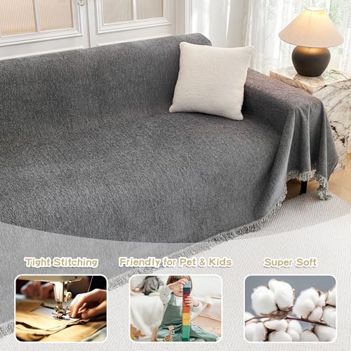 MYSKY HOME Couch Cover for Dogs, Washable Couch Covers, Non Slip Sofa Cover, Couch Cover 2 Cushion Sofa Dogs Furniture Protector with Tassels, Chenille Sofa Slipcover for Pets, 71"x118", Dark Grey - Image 2