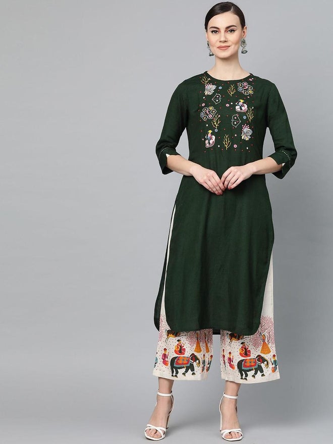 آي شين طقم كورتا نسائي بتصميم يوك أخضر مع بنطلون بالازو بطبعة بلوك - Image 4