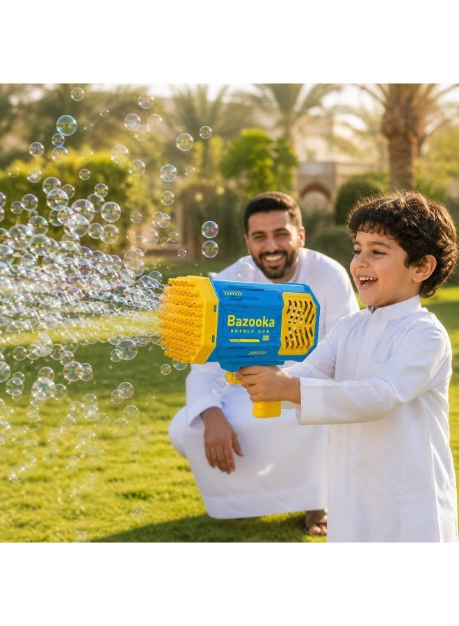 بازوكا مسدس فقاعات كهربائي 69 فتحة مع إضاءة LED للأطفال من عمر 3 سنوات، مع محلول فقاعات، لعبة للحفلات واللعب الخارجي، أزرق وذهبي - Image 2