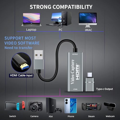 Papeaso Video Capture Cards, 4K HDMI to USB 3.0 Video Capture Device, 1080P HD 60fps Broadcast Live and Record Video Audio Grabber for Gaming, Streaming, Teaching, Video Conference (Silver) - Image 2