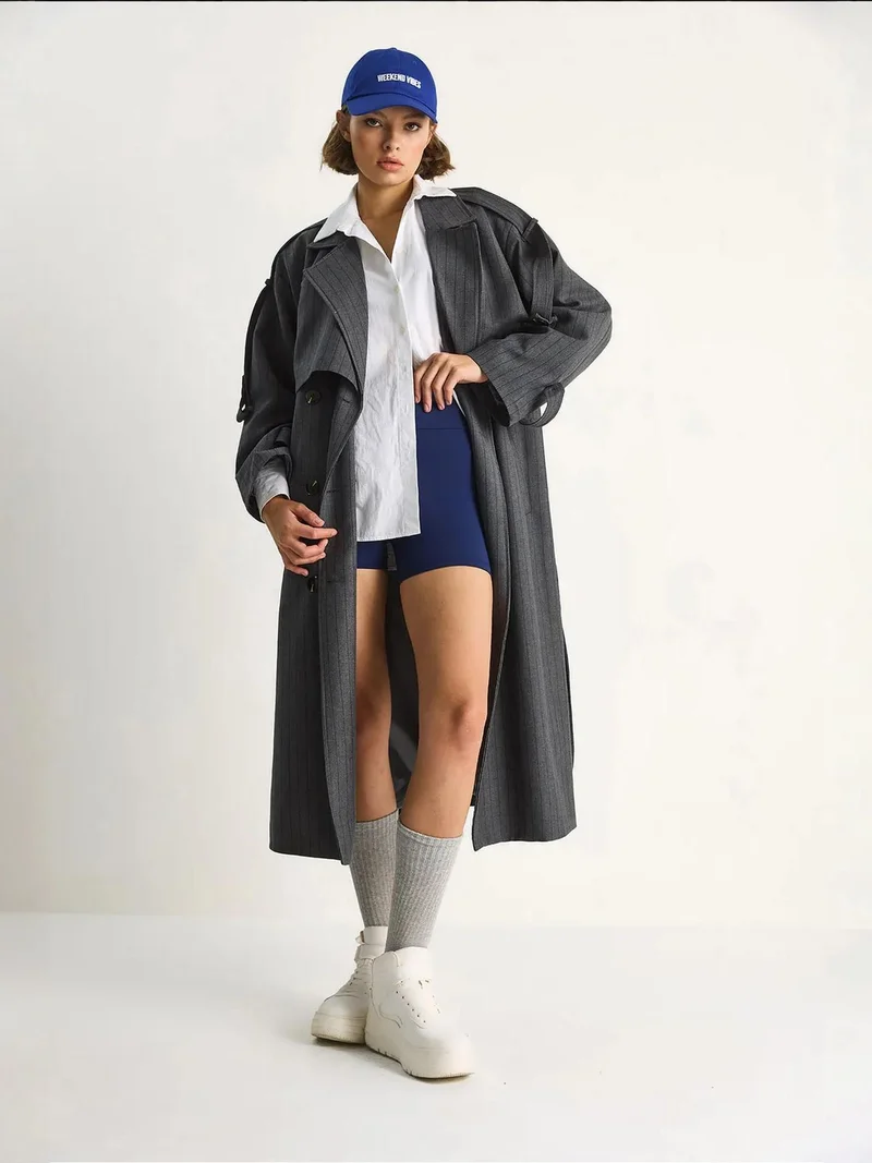 Bianco Lucci Charcoal Grey LUCCI Cotton Midi Trench Coat with Double Breasted Closure for Women | Best Price UAE
