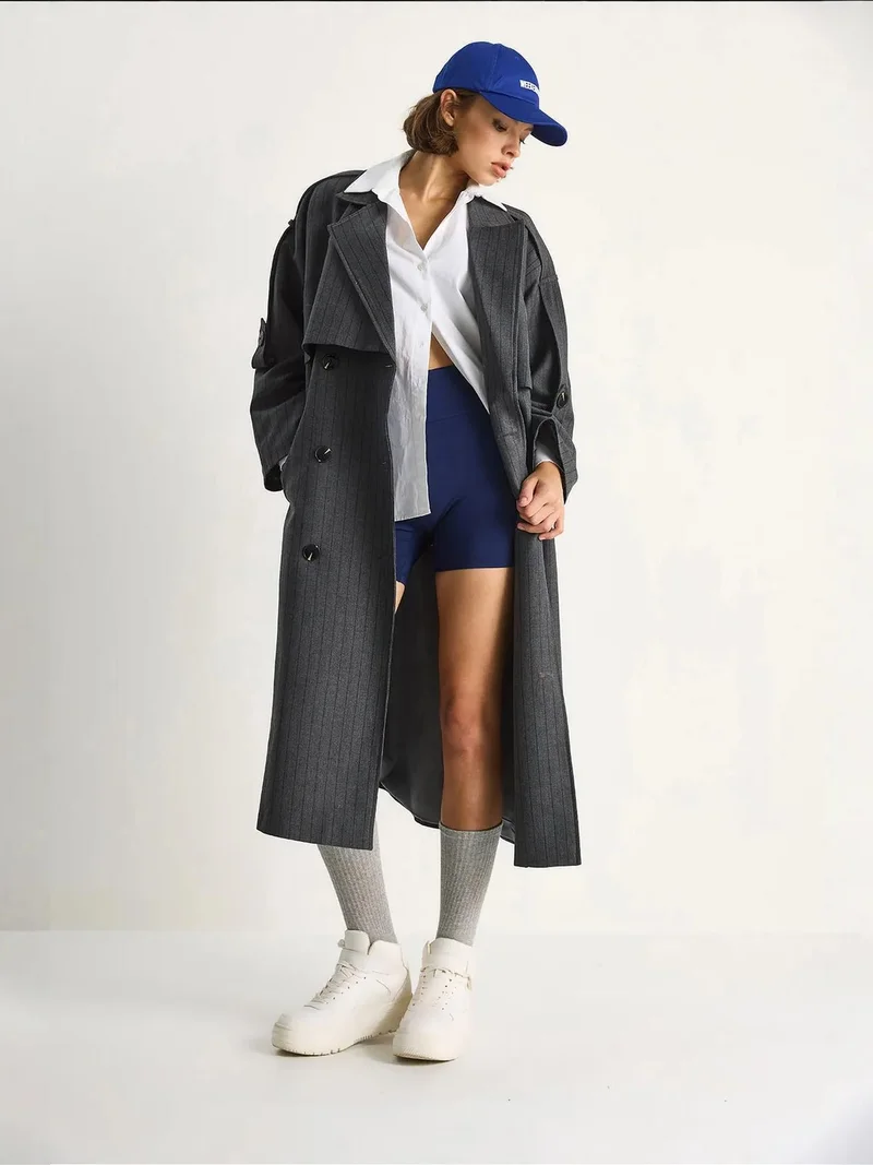 Bianco Lucci Charcoal Grey LUCCI Cotton Midi Trench Coat with Double Breasted Closure for Women | Best Price UAE