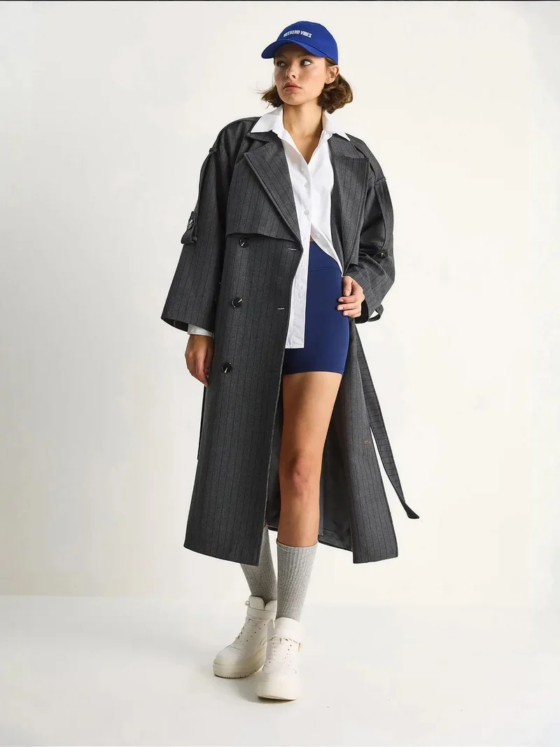 Bianco Lucci LUCCI Cotton Midi Trench Coat with Double Breasted Closure