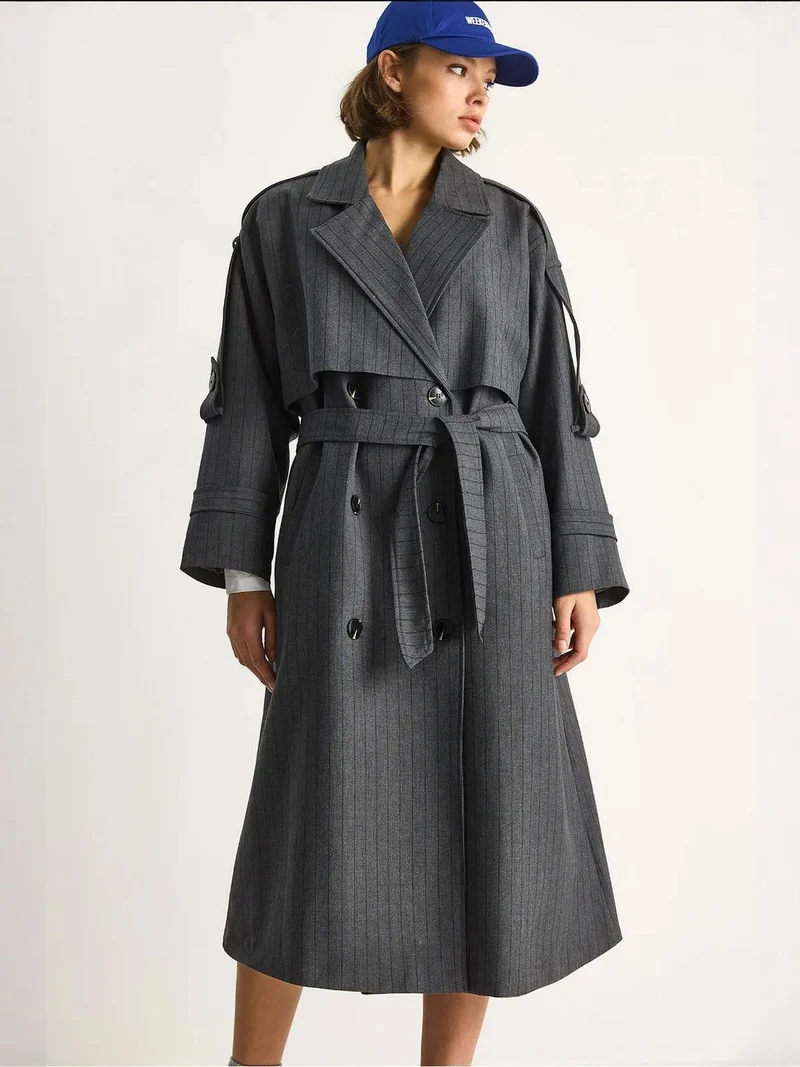 Bianco Lucci Charcoal Grey LUCCI Cotton Midi Trench Coat with Double Breasted Closure for Women | Best Price UAE