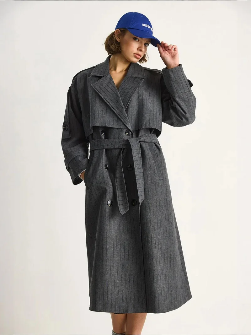 Bianco Lucci Charcoal Grey LUCCI Cotton Midi Trench Coat with Double Breasted Closure for Women | Best Price UAE