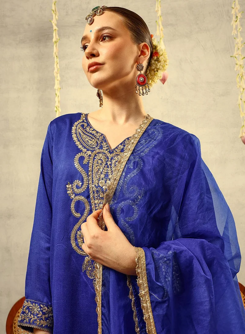 ISHIN Royal Blue Cording & Zari Embroidered Festive Kurta with Trouser & Organza Dupatta