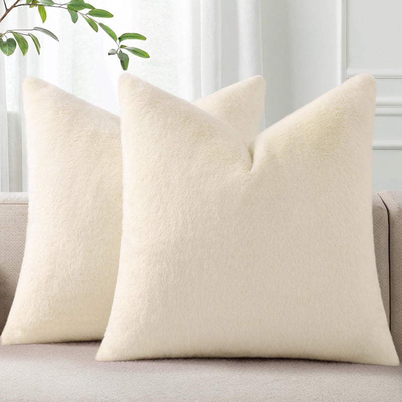 Pallene Faux Fur Plush Throw Pillow Covers 18x18 Set of 2 Soft Fluffy Couch Pillow Covers for Living Room Beige - Image 2