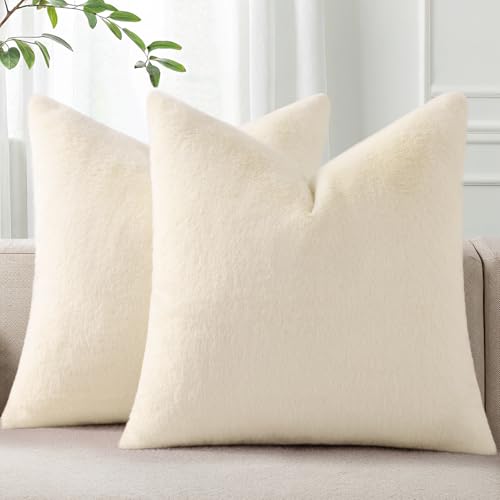 Pallene Faux Fur Plush Throw Pillow Covers 18x18 Set of 2 Soft Fluffy Couch Pillow Covers for Living Room Beige - Image 1