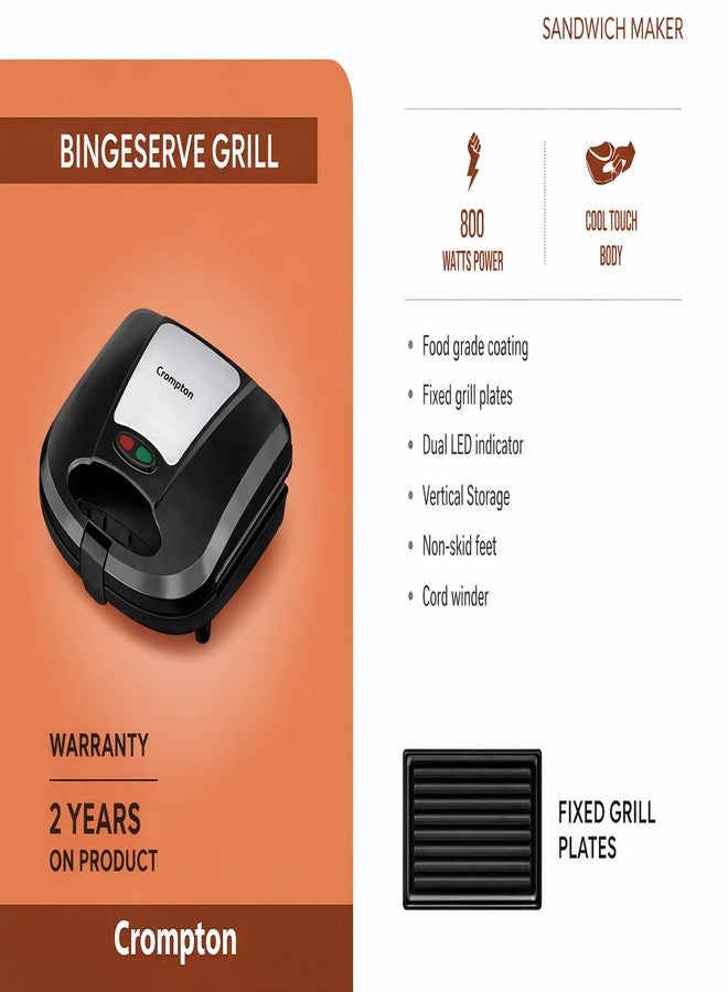 Crompton Bingeserve 800 Watts Grill Sandwich Maker | Fixed Grill Plates | Cool Touch Body | Non-Stick Food Grade Coating | Dual LED Indicator | 2 Years Warranty (Black) (BINGESERVE GRILL) - Image 2