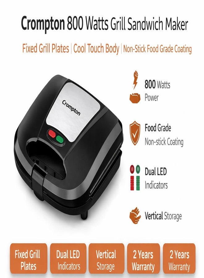 Crompton Bingeserve 800 Watts Grill Sandwich Maker | Fixed Grill Plates | Cool Touch Body | Non-Stick Food Grade Coating | Dual LED Indicator | 2 Years Warranty (Black) (BINGESERVE GRILL) - Image 3