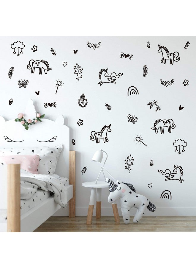 The Boho Design Unicorns And Rainbows Wall Decals Peel And Stick For Kids Baby Bedroom Nursery And Living Room. 40 Pcs Vinyl Wall Stickers Decor (Black) - Image 1