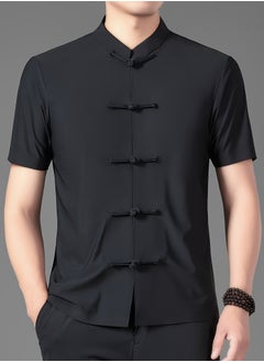AROAQ Men's Summer Tang Suit Lightweight, Breathable Nylon Spandex Blend  Quick Dry Solid Color with Traditional Handcrafted Buttons And Stand Collar Chinese Traditional Dress Tang Suit Black  - Image 1