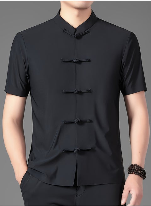 Men's Summer Tang Suit Lightweight, Breathable Nylon Spandex Blend  Quick Dry Solid Color with Traditional Handcrafted Buttons And Stand Collar Chinese Traditional Dress Tang Suit Black