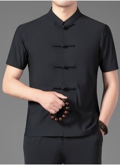 AROAQ Men's Summer Tang Suit Lightweight, Breathable Nylon Spandex Blend  Quick Dry Solid Color with Traditional Handcrafted Buttons And Stand Collar Chinese Traditional Dress Tang Suit Black  - Image 3