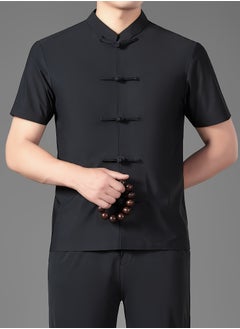 AROAQ Men's Summer Tang Suit Lightweight, Breathable Nylon Spandex Blend  Quick Dry Solid Color with Traditional Handcrafted Buttons And Stand Collar Chinese Traditional Dress Tang Suit Black  - Image 2