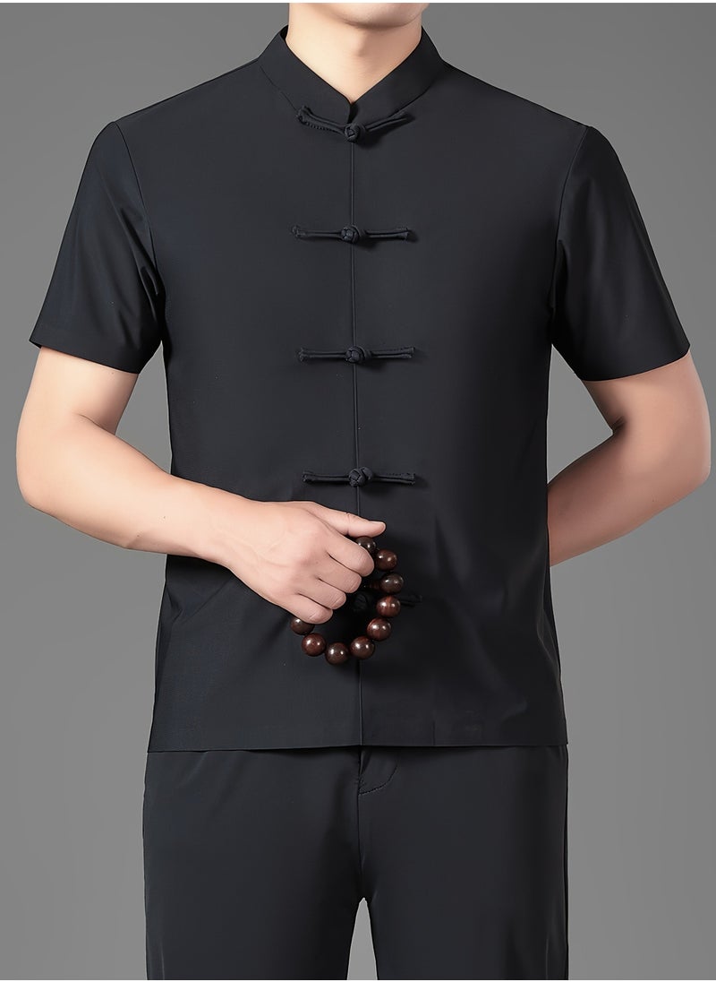 AROAQ - Men's Summer Tang Suit Lightweight, Breathable Nylon Spandex Blend  Quick Dry Solid Color with Traditional Handcrafted Buttons And Stand Collar Chinese Traditional Dress Tang Suit Black - Image 1
