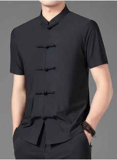 AROAQ Men's Summer Tang Suit Lightweight, Breathable Nylon Spandex Blend  Quick Dry Solid Color with Traditional Handcrafted Buttons And Stand Collar Chinese Traditional Dress Tang Suit Black  - Image 5