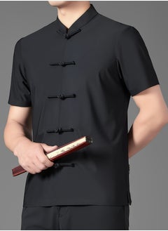 AROAQ Men's Summer Tang Suit Lightweight, Breathable Nylon Spandex Blend  Quick Dry Solid Color with Traditional Handcrafted Buttons And Stand Collar Chinese Traditional Dress Tang Suit Black  - Image 4