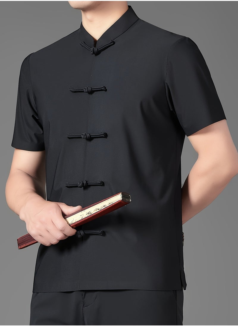 AROAQ - Men's Summer Tang Suit Lightweight, Breathable Nylon Spandex Blend  Quick Dry Solid Color with Traditional Handcrafted Buttons And Stand Collar Chinese Traditional Dress Tang Suit Black - Image 1
