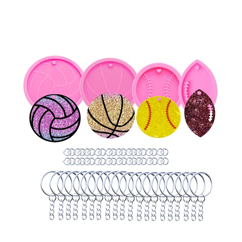 AMZTOART 4Pc Silicone Molds with a Hole Resin BaseballVolleyball Baseball Football Keychain Molds DIY Crafts Casting Epoxy Jewelry Mold with 20Pc Key Ring DY0090DY0194DY0288DY0383PJ