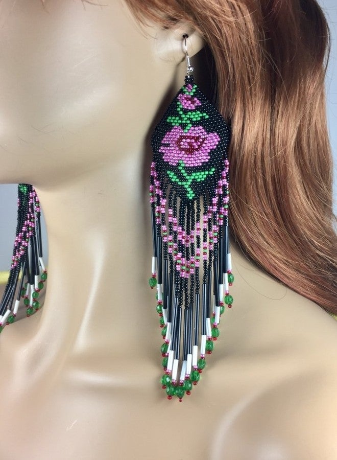 BeadsCorner Glass Beaded Extra Long Earrings Rose Design (Black) - Image 2