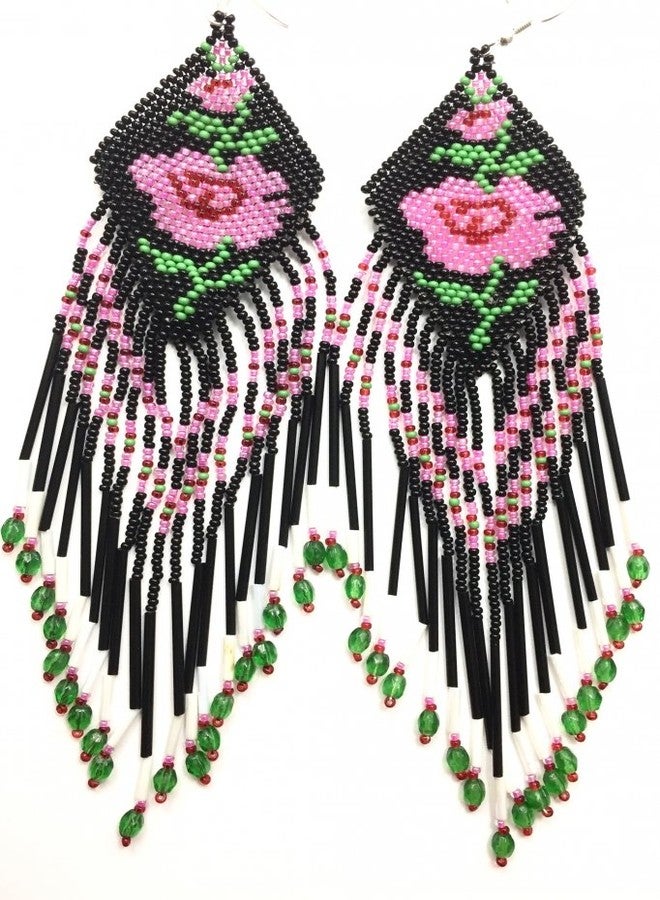 BeadsCorner Glass Beaded Extra Long Earrings Rose Design (Black) - Image 1