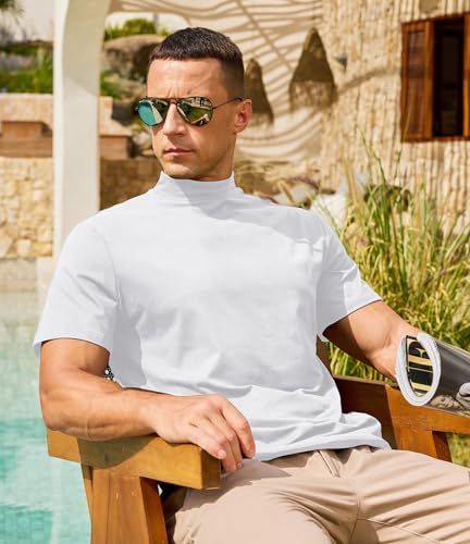 Lexiart Men's Mock Turtleneck Short Sleeve Soft Lightweight Casual Basic T-Shirts Solid Pullover Tops White - Image 5