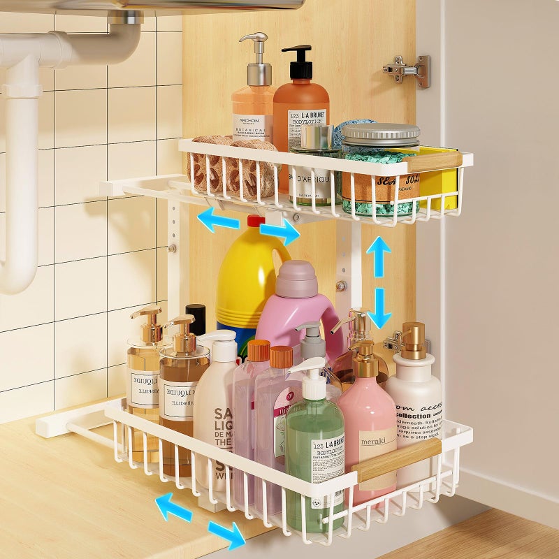 REALINN Under Sink Organizer, Height Adjustable Under Sink Organizers and Storage, 2 Tier Pull Out Drawer Cabinet Storage for Kitchen Bathroom, 1 Pack, White - Image 1