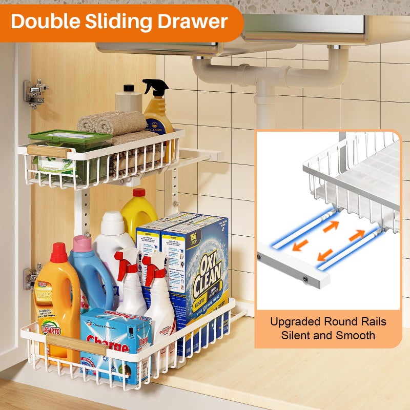 REALINN Under Sink Organizer, Height Adjustable Under Sink Organizers and Storage, 2 Tier Pull Out Drawer Cabinet Storage for Kitchen Bathroom, 1 Pack, White - Image 2